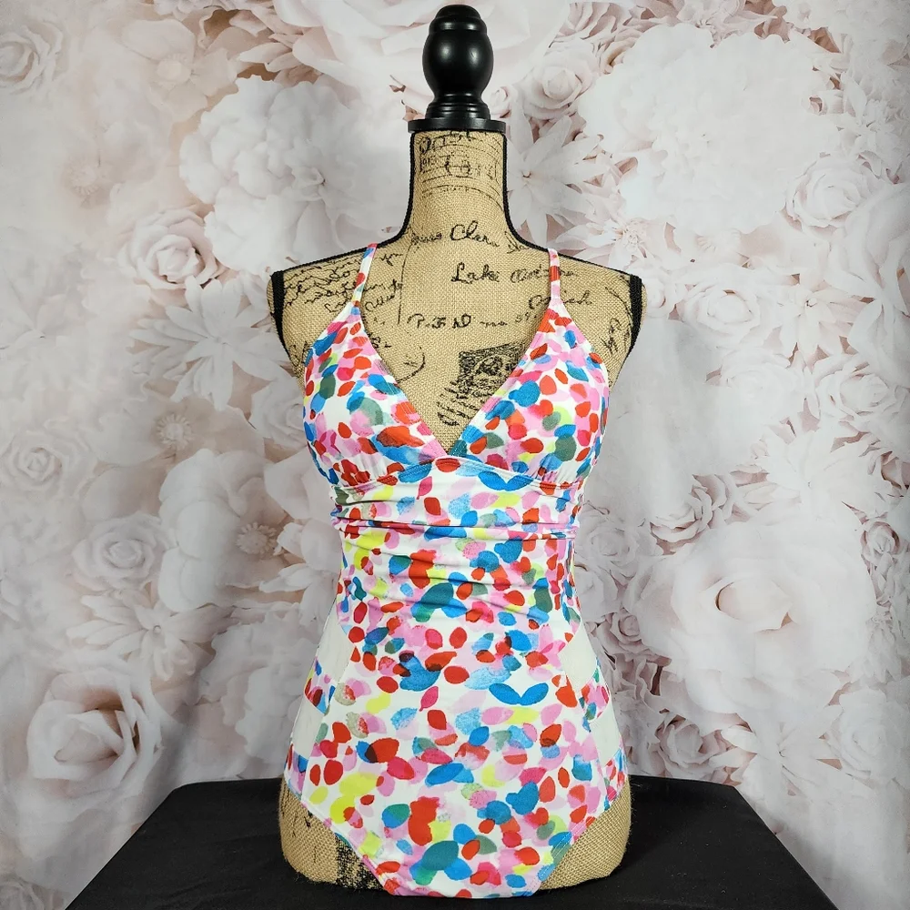 Spotted Retro V-Neck One Piece Bathing Suit - Picture 2 of 14